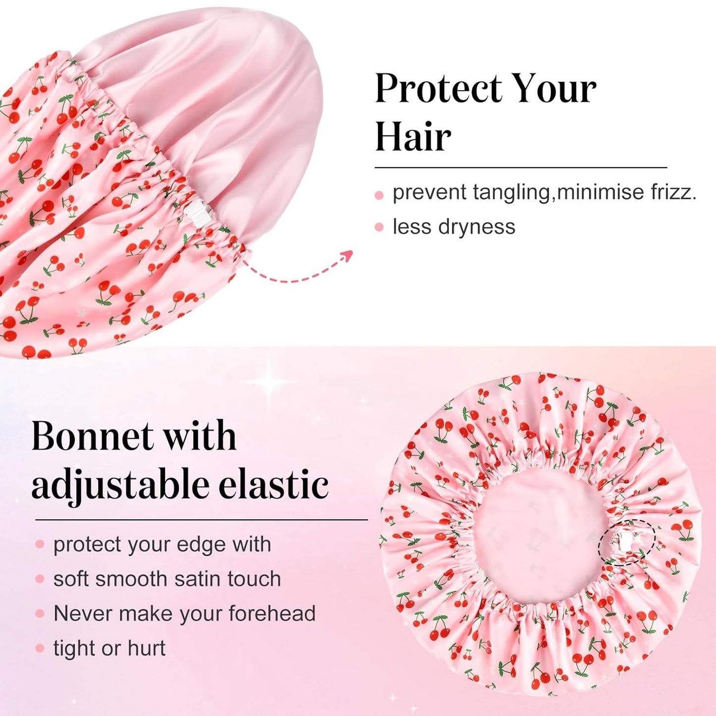 Shower Cap for Women Terry Lined Bath Cap Large Reusable Waterproof Elastic Band Pink Shower Caps for Long Thick Hair Soft Bath Shower Hair Caps Pink Cherries