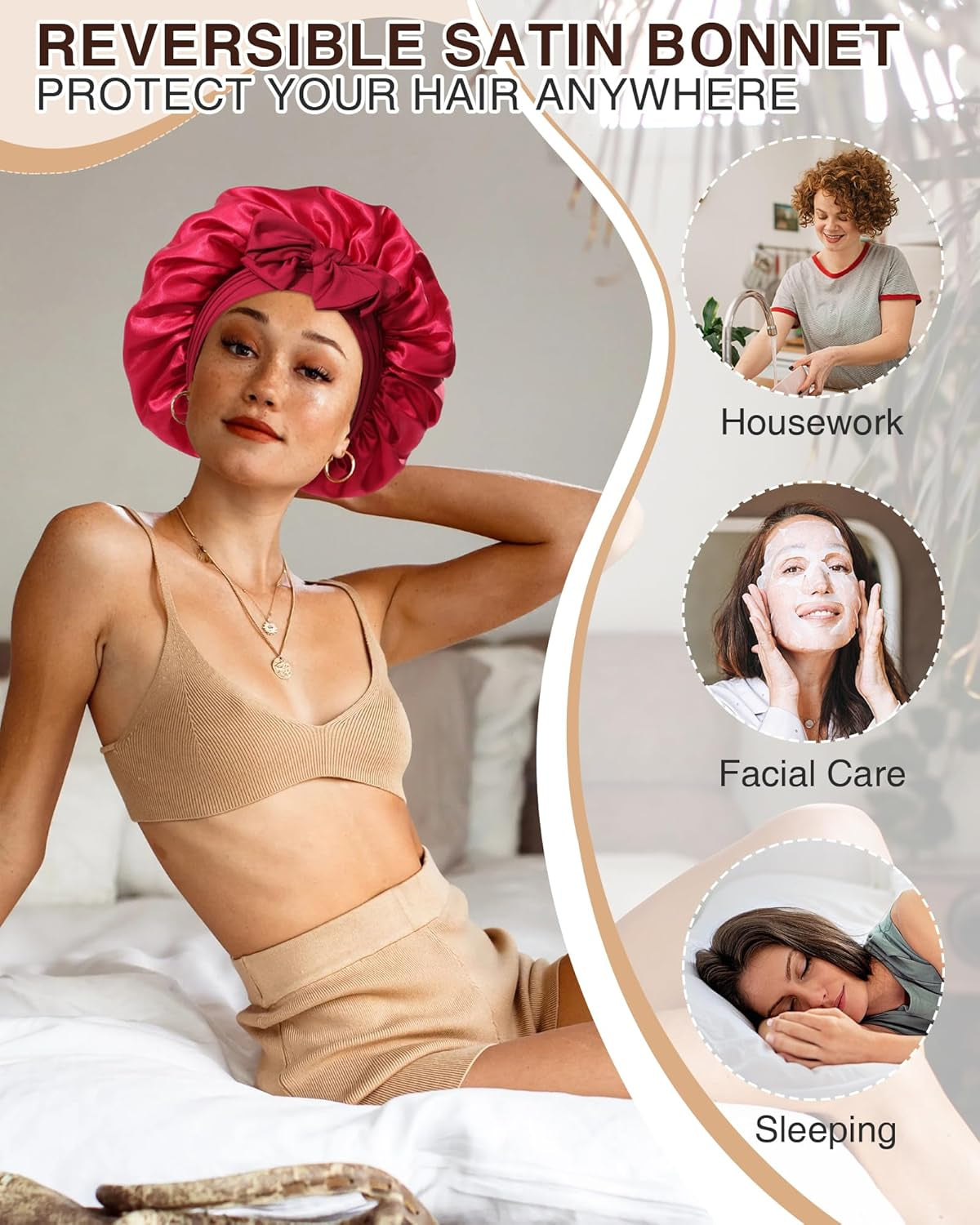 2PCS Satin Bonnets Silk Bonnet for Sleeping Women Curly Hair Bonnet with Tie Band Bonnets Sleep Cap