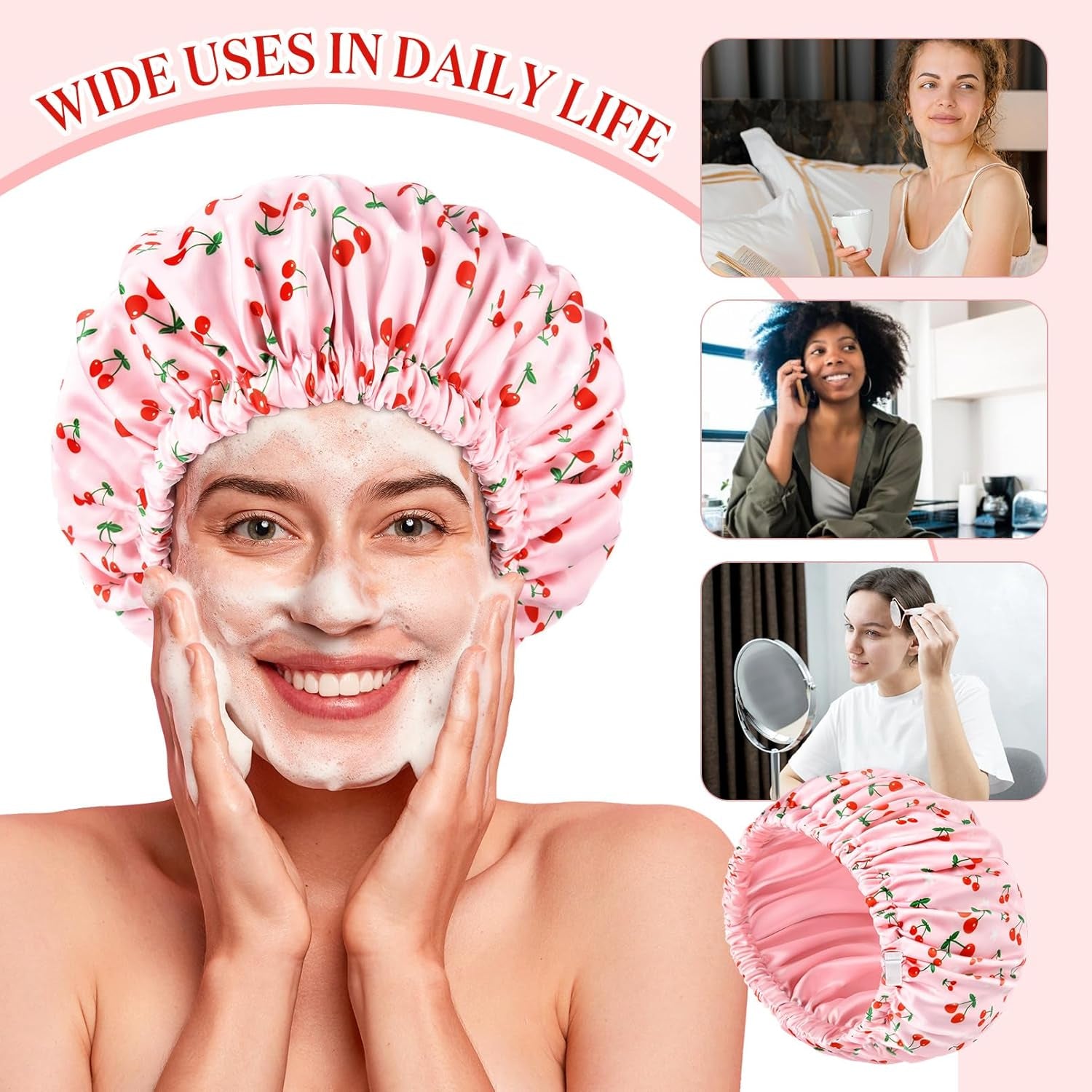 Shower Cap for Women Terry Lined Bath Cap Large Reusable Waterproof Elastic Band Pink Shower Caps for Long Thick Hair Soft Bath Shower Hair Caps Pink Cherries