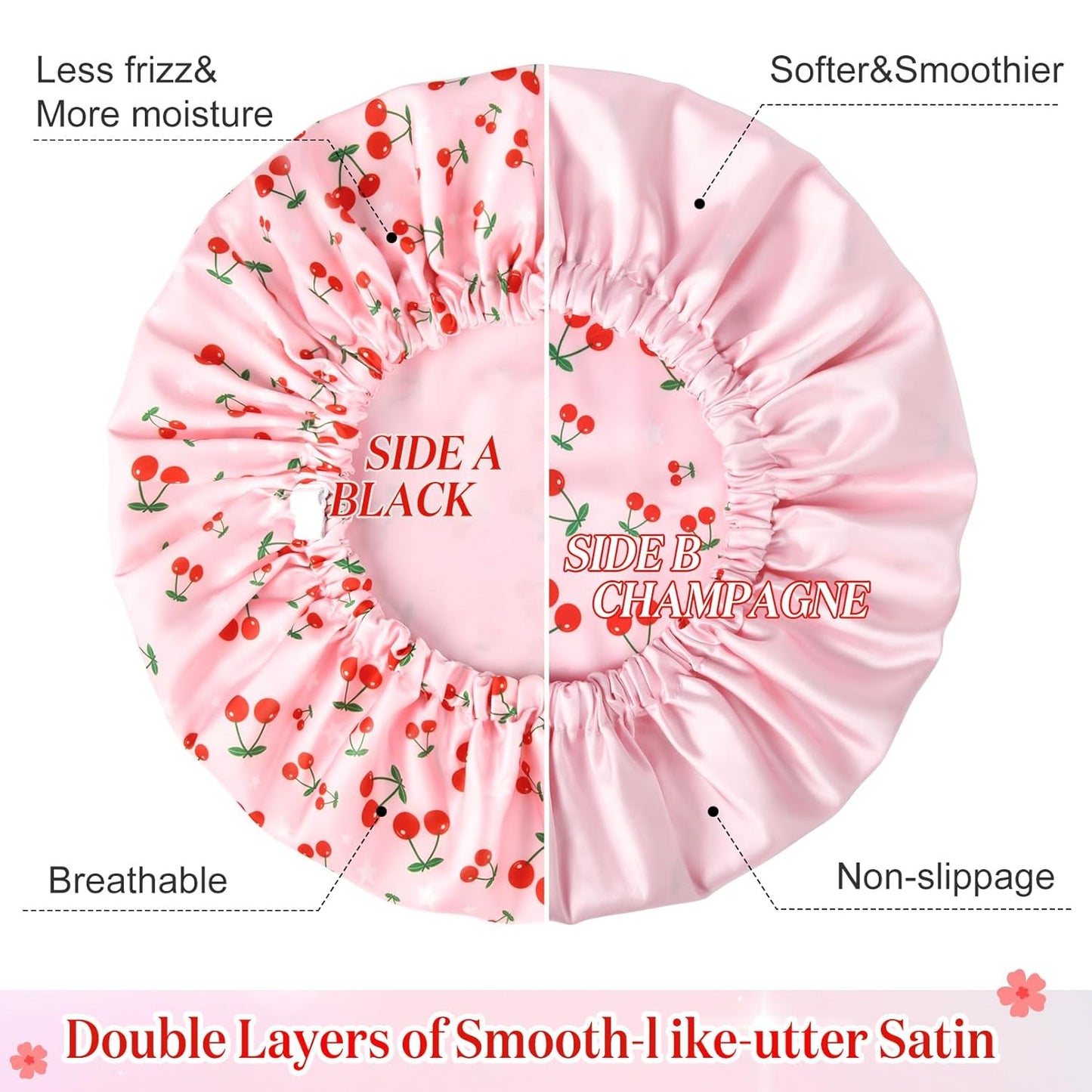 Shower Cap for Women Terry Lined Bath Cap Large Reusable Waterproof Elastic Band Pink Shower Caps for Long Thick Hair Soft Bath Shower Hair Caps Pink Cherries