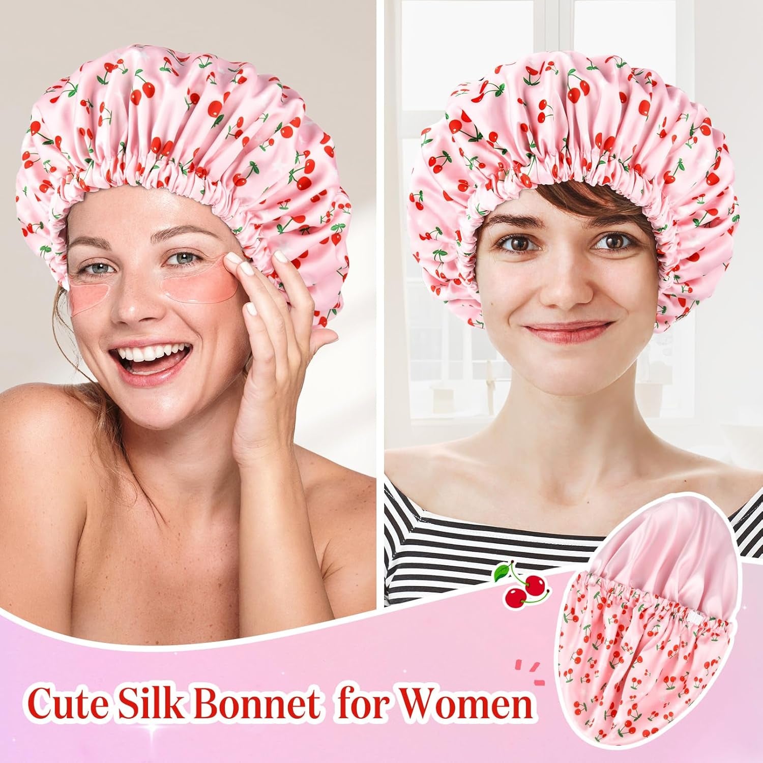 Shower Cap for Women Terry Lined Bath Cap Large Reusable Waterproof Elastic Band Pink Shower Caps for Long Thick Hair Soft Bath Shower Hair Caps Pink Cherries