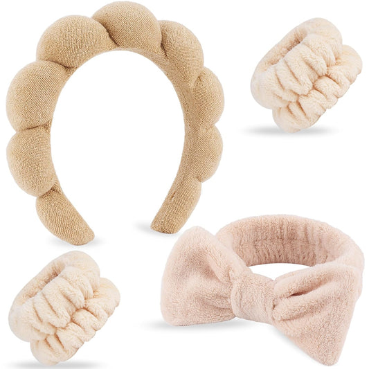 4Pcs Spa Headband for Washing Face Wristbands Set Women Bubble Skincare Makeup Sponge Terry Cloth Padded Puffy Headband Bow Tie Hairband Cute Non Slip Thick Hair Accessory Gifts(Brown)