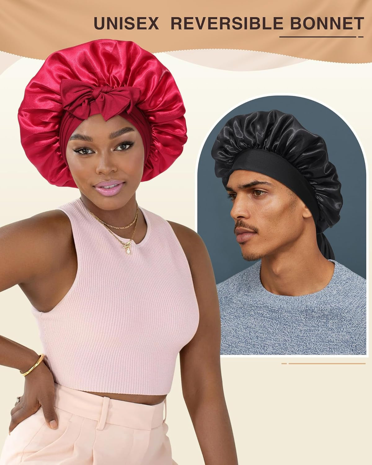 2PCS Satin Bonnets Silk Bonnet for Sleeping Women Curly Hair Bonnet with Tie Band Bonnets Sleep Cap