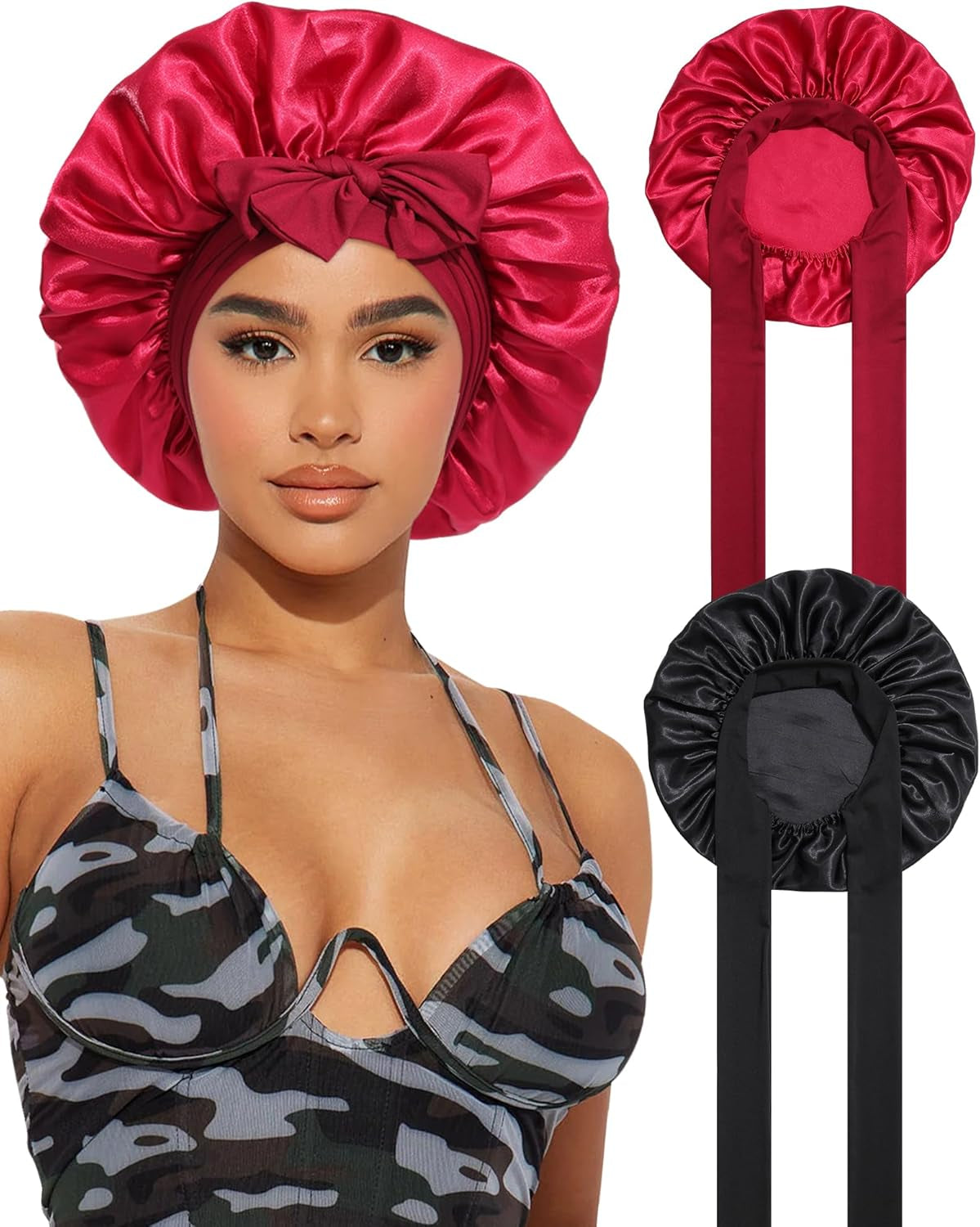 2PCS Satin Bonnets Silk Bonnet for Sleeping Women Curly Hair Bonnet with Tie Band Bonnets Sleep Cap