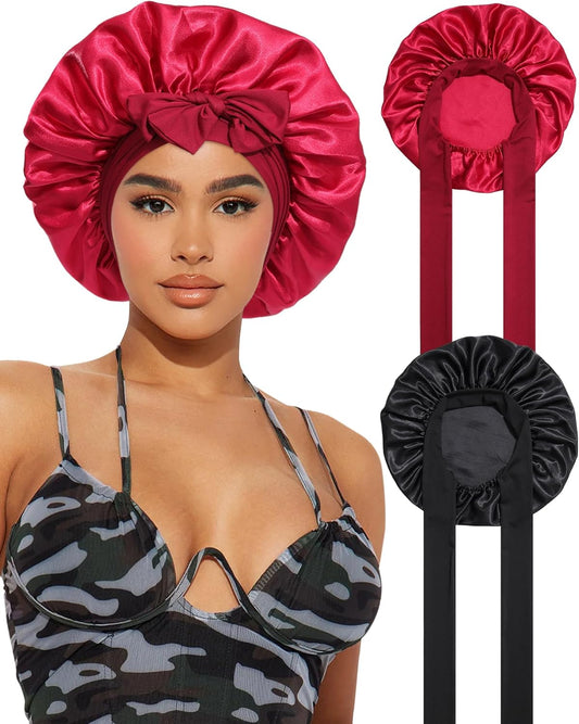2PCS Satin Bonnets Silk Bonnet for Sleeping Women Curly Hair Bonnet with Tie Band Bonnets Sleep Cap