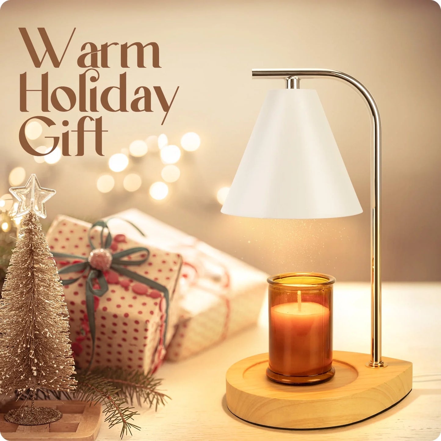 Candle Warmer Lamp with Retro Wooden Base - Home Decor Wax Melt for Small and Large Jar Candles, Candle Heater Lamp with 2 Bulbs, Dimmer and Timer Function-White