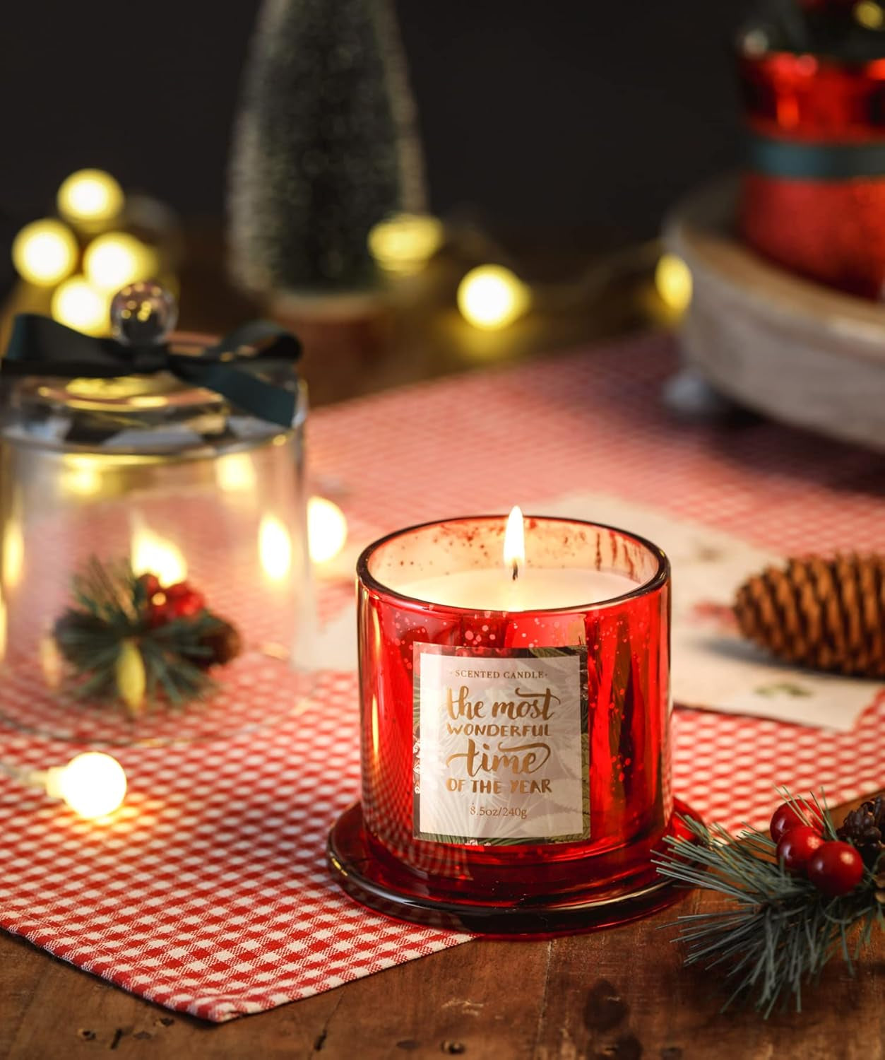 Christmas Candle, Pine Scented Candle, Christmas Gifts for Women, Holiday Winter Candle, Scented Candle for Home, Natural Soy Wax,8.5Oz,Red