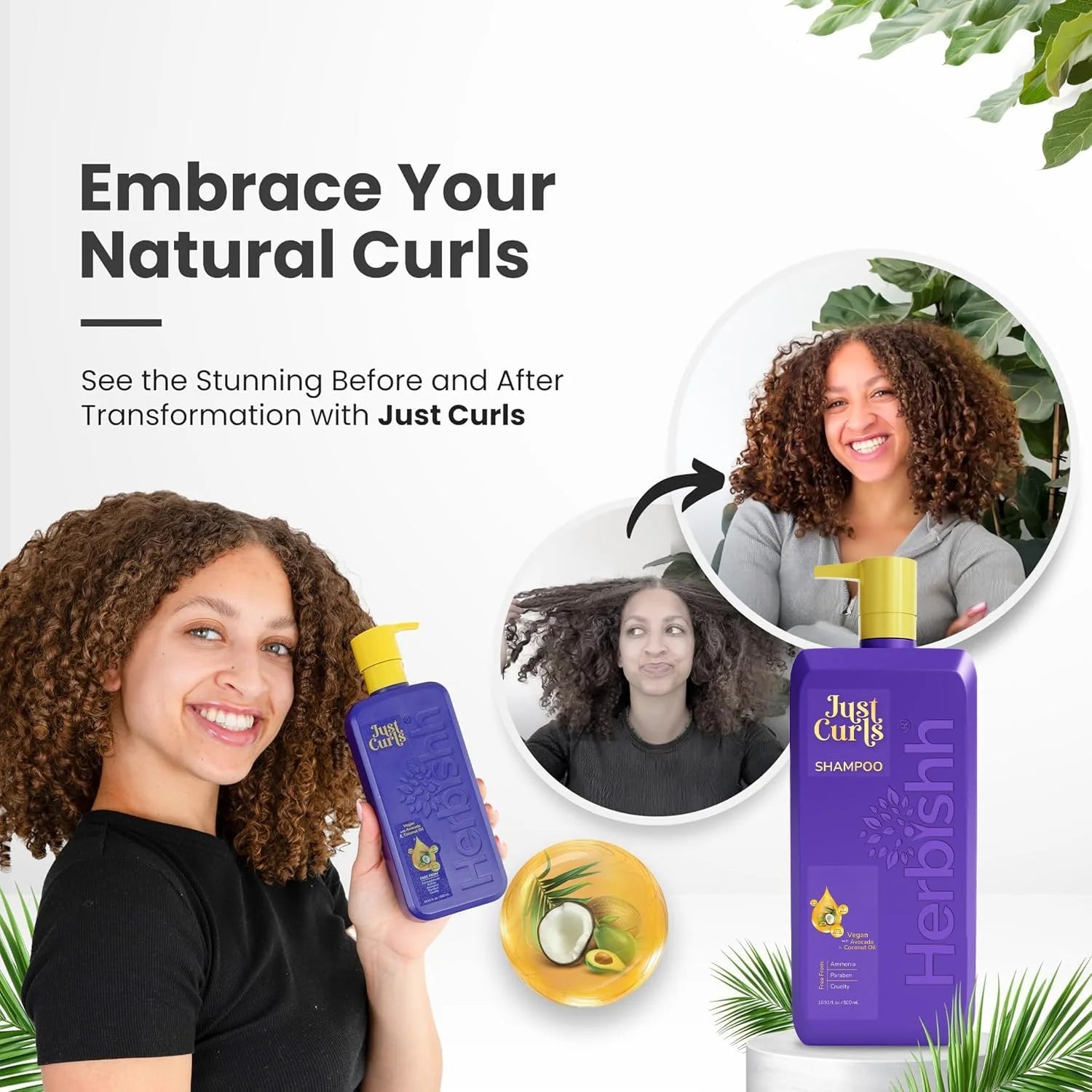 Just Curls Vegan Shampoo for Curly Hair Products Kit Enriched with Avocado & Coc