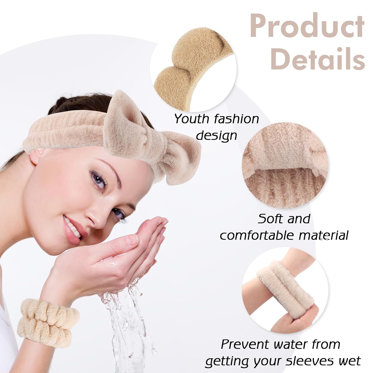4Pcs Spa Headband for Washing Face Wristbands Set Women Bubble Skincare Makeup Sponge Terry Cloth Padded Puffy Headband Bow Tie Hairband Cute Non Slip Thick Hair Accessory Gifts(Brown)