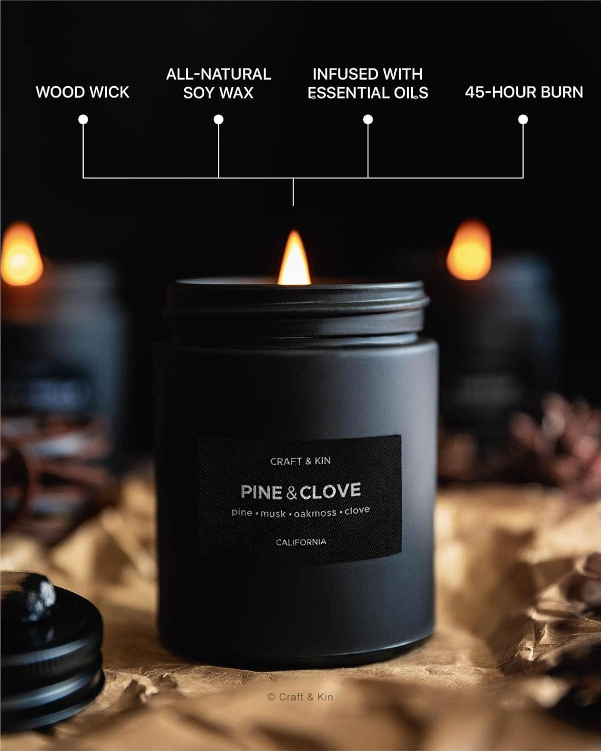 Premium Pine & Clove Candle | Black Fall Scented Candles for Home | Long Lasting with 45 Hour Burn Time, 7.6Oz | Made with Fall Soy Candles | Aromatherapy at Home | Gifts for Men