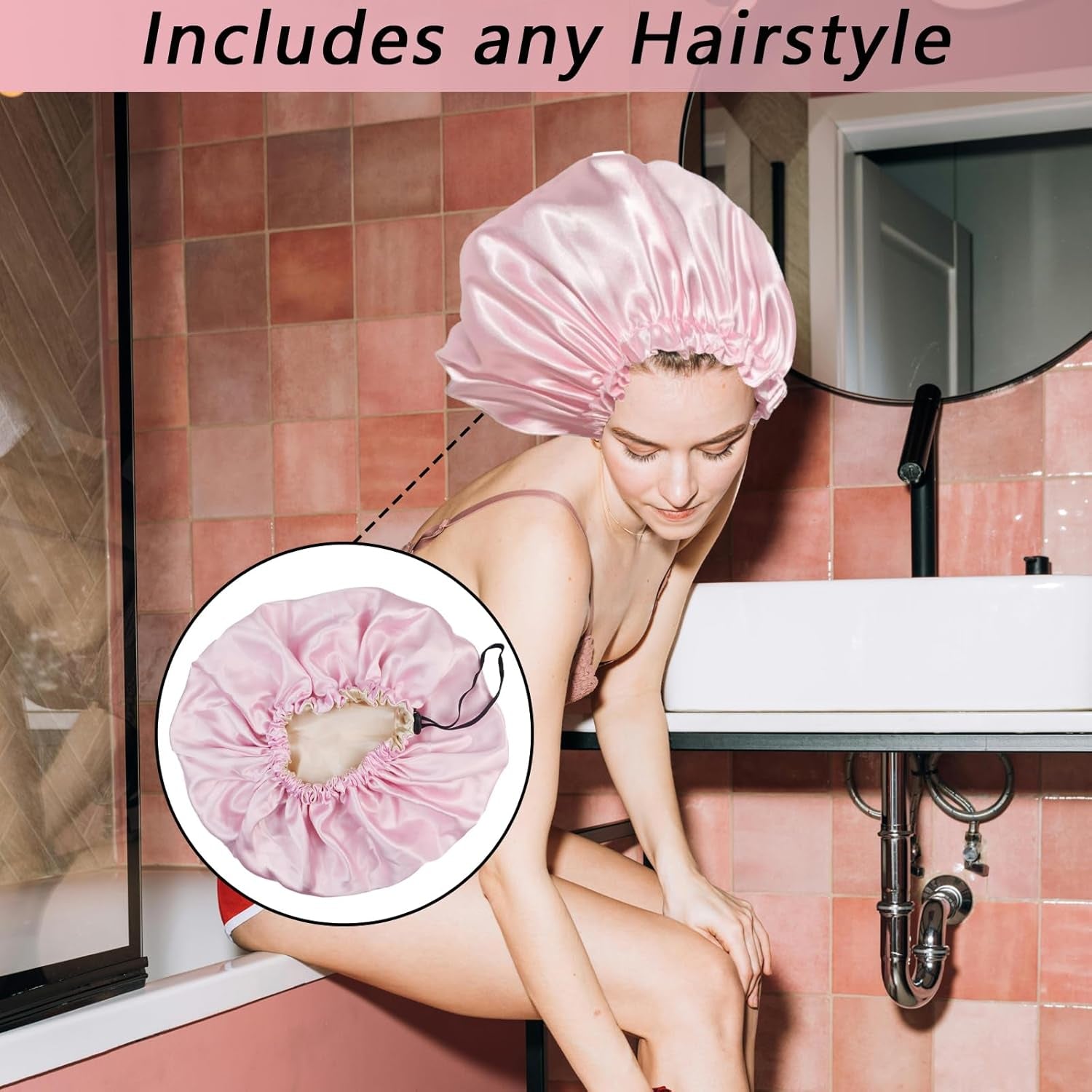 2PCS Silk Bonnet, 14Inch Adjustable Black and Pink Satin Bonnet for Sleeping, Double Layered Satin Cap Hair Bonnet for Sleeping, Women Curly Natural Hair