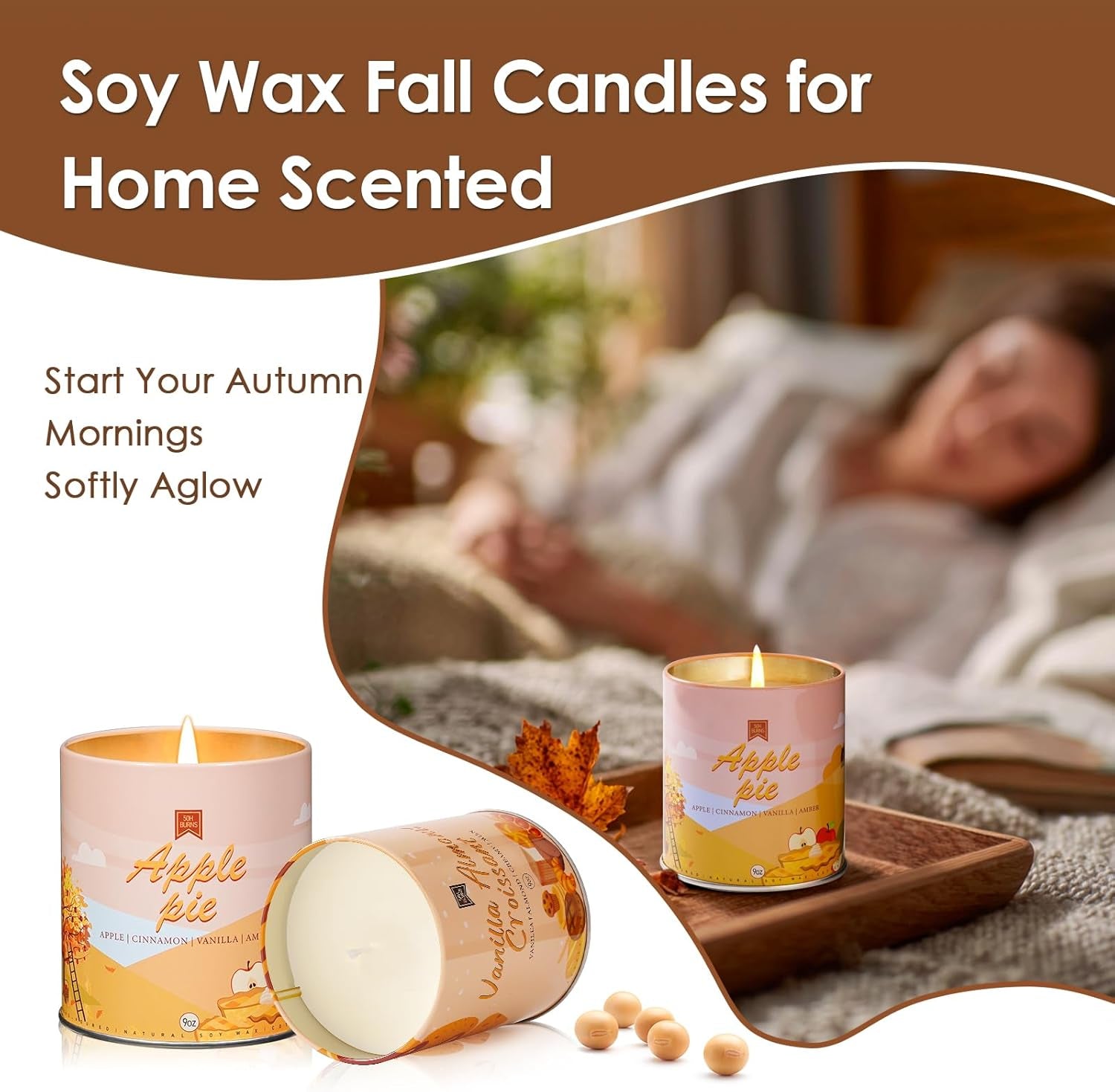 Apple Pie Fall Candles for Home Scented Halloween Easter Thanksgiving 40 Hours Burning 9Oz Scented Candle, Aromatherapy Birthday Soy Candles Gift for Women Men