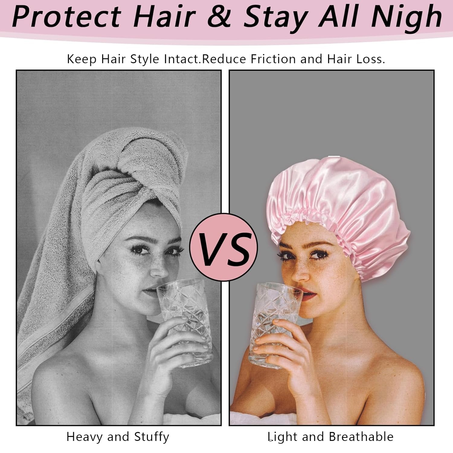 2PCS Silk Bonnet, 14Inch Adjustable Black and Pink Satin Bonnet for Sleeping, Double Layered Satin Cap Hair Bonnet for Sleeping, Women Curly Natural Hair