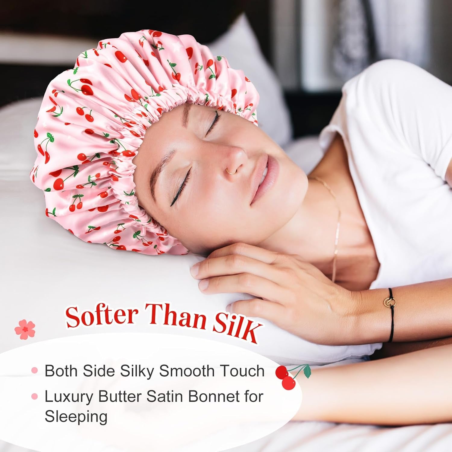 Shower Cap for Women Terry Lined Bath Cap Large Reusable Waterproof Elastic Band Pink Shower Caps for Long Thick Hair Soft Bath Shower Hair Caps Pink Cherries