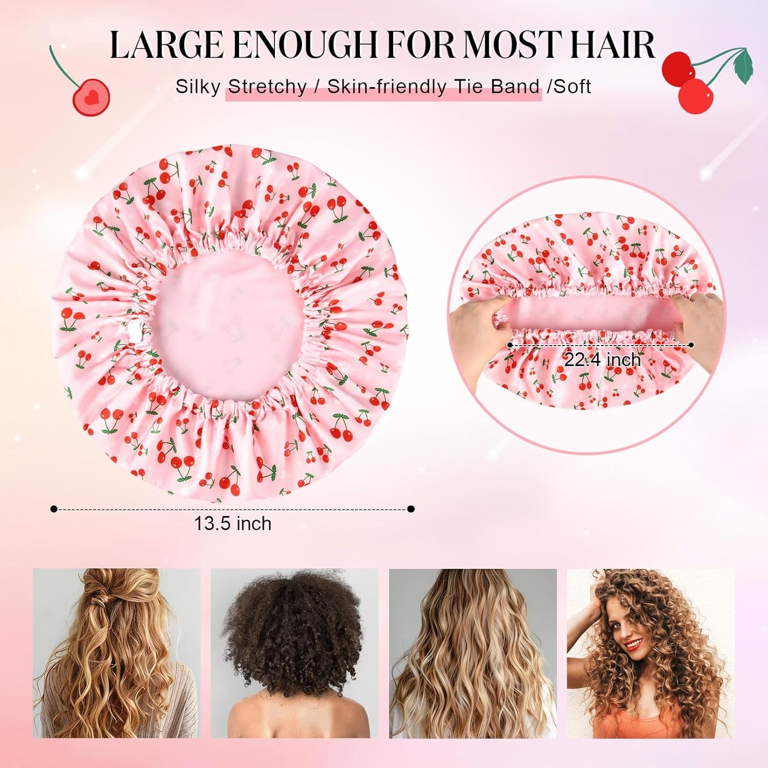 Shower Cap for Women Terry Lined Bath Cap Large Reusable Waterproof Elastic Band Pink Shower Caps for Long Thick Hair Soft Bath Shower Hair Caps Pink Cherries