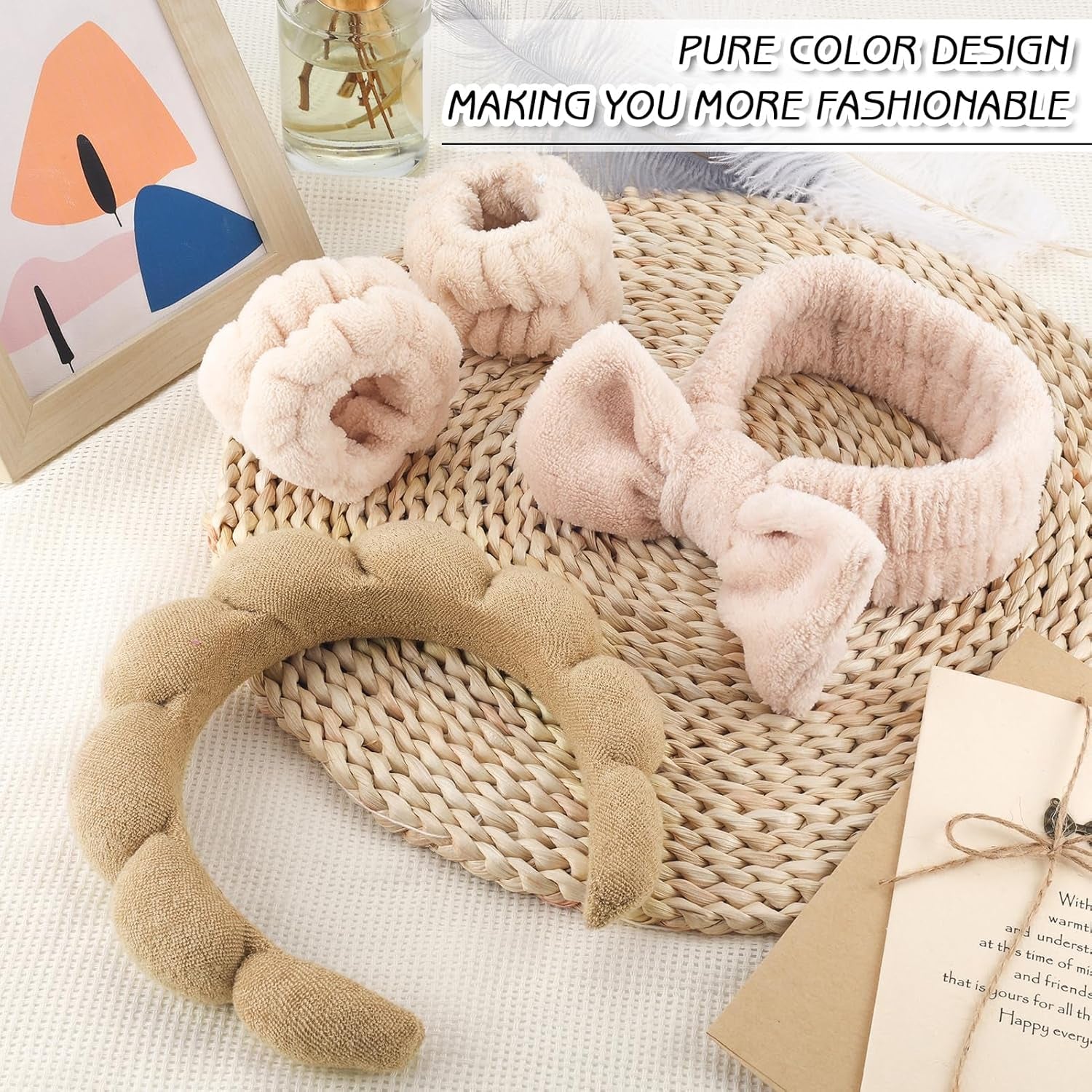 4Pcs Spa Headband for Washing Face Wristbands Set Women Bubble Skincare Makeup Sponge Terry Cloth Padded Puffy Headband Bow Tie Hairband Cute Non Slip Thick Hair Accessory Gifts(Brown)