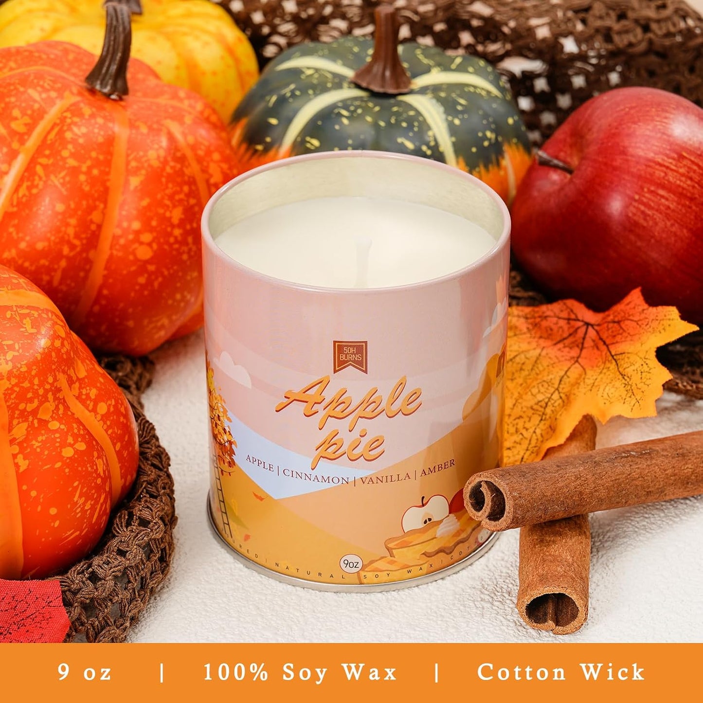 Apple Pie Fall Candles for Home Scented Halloween Easter Thanksgiving 40 Hours Burning 9Oz Scented Candle, Aromatherapy Birthday Soy Candles Gift for Women Men