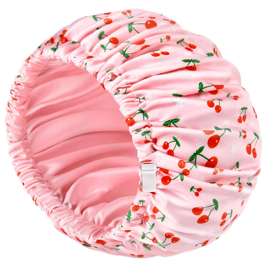 Shower Cap for Women Terry Lined Bath Cap Large Reusable Waterproof Elastic Band Pink Shower Caps for Long Thick Hair Soft Bath Shower Hair Caps Pink Cherries