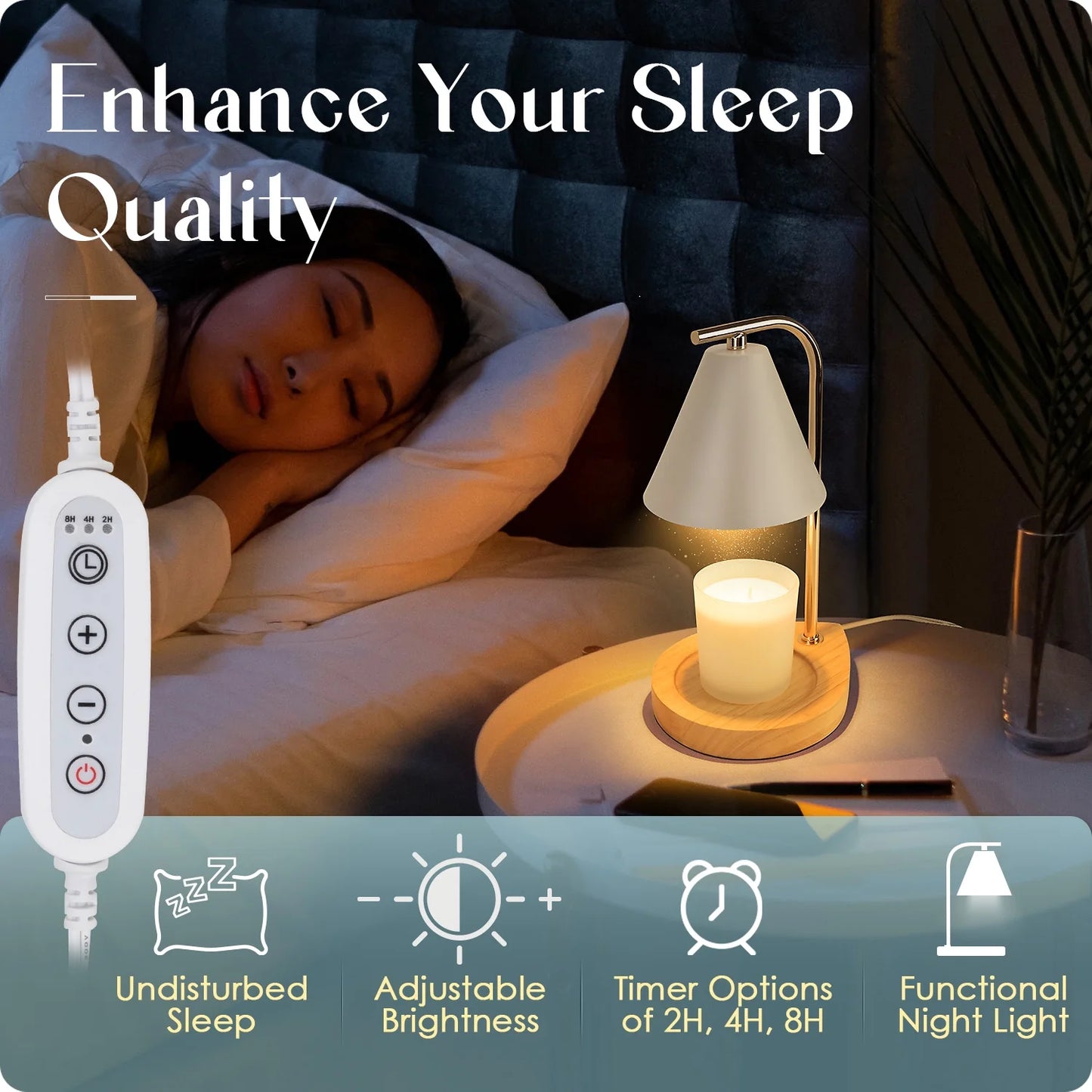 Candle Warmer Lamp with Retro Wooden Base - Home Decor Wax Melt for Small and Large Jar Candles, Candle Heater Lamp with 2 Bulbs, Dimmer and Timer Function-White