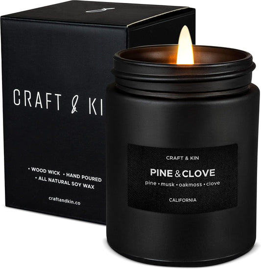 Premium Pine & Clove Candle | Black Fall Scented Candles for Home | Long Lasting with 45 Hour Burn Time, 7.6Oz | Made with Fall Soy Candles | Aromatherapy at Home | Gifts for Men