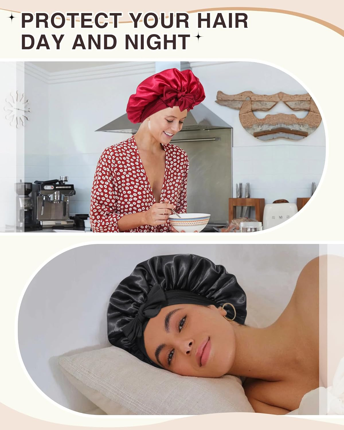2PCS Satin Bonnets Silk Bonnet for Sleeping Women Curly Hair Bonnet with Tie Band Bonnets Sleep Cap