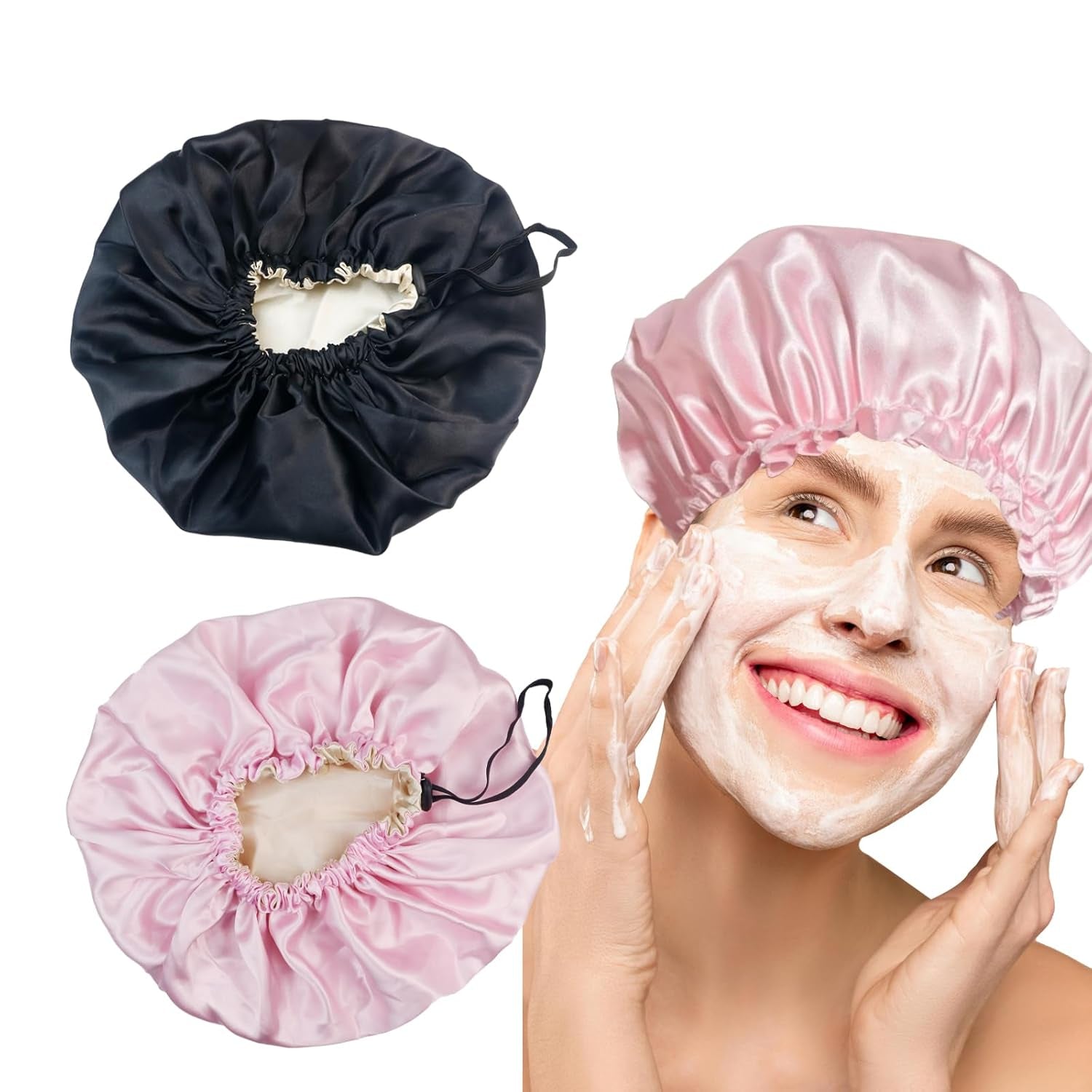 2PCS Silk Bonnet, 14Inch Adjustable Black and Pink Satin Bonnet for Sleeping, Double Layered Satin Cap Hair Bonnet for Sleeping, Women Curly Natural Hair