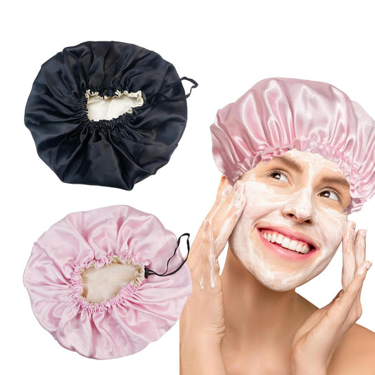 2PCS Silk Bonnet, 14Inch Adjustable Black and Pink Satin Bonnet for Sleeping, Double Layered Satin Cap Hair Bonnet for Sleeping, Women Curly Natural Hair