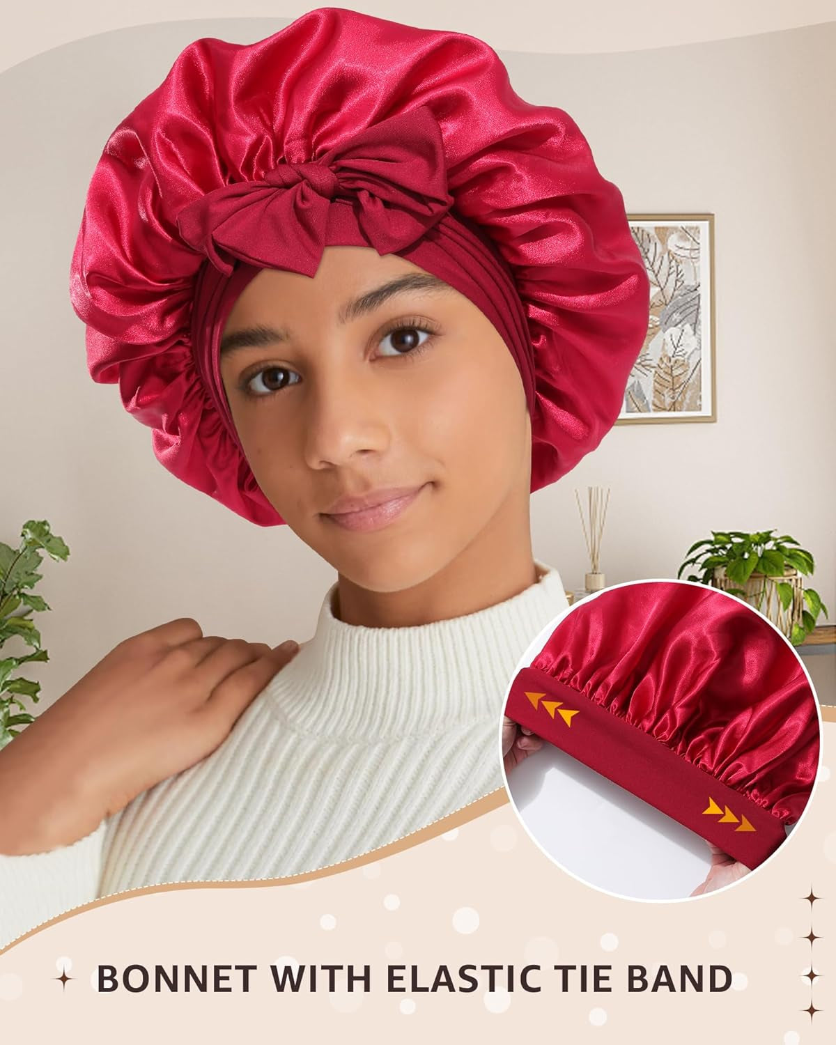 2PCS Satin Bonnets Silk Bonnet for Sleeping Women Curly Hair Bonnet with Tie Band Bonnets Sleep Cap