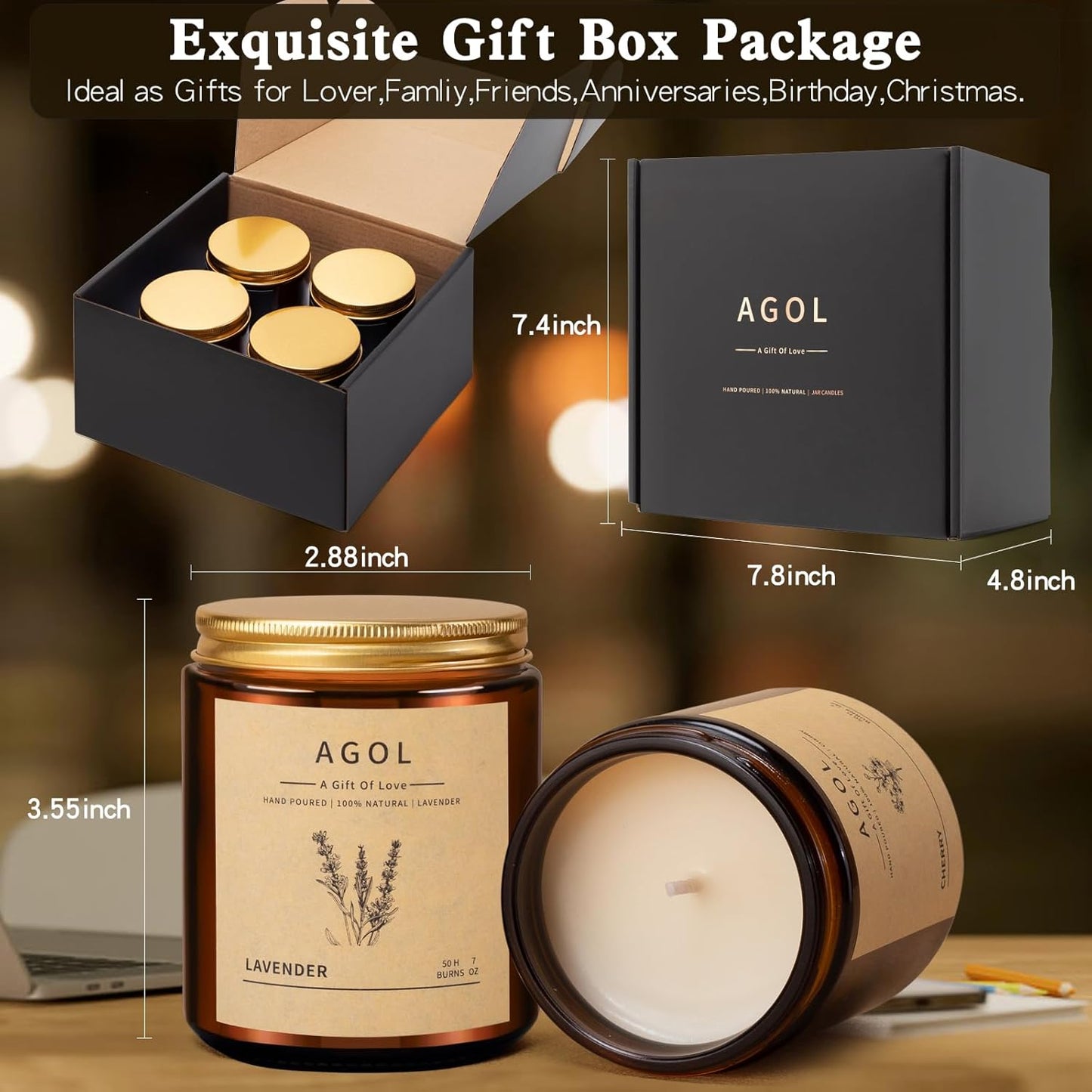 4 Pack Scented Candles for Home, 36 Oz 200 Hours Burn, Luxury Amber Jar Natural Soy Candles, Aromatherapy Candles Set, Candles Gift for Women Men Birthday Thanksgiving Christmas, Spa, Sleep,Yoga,Read